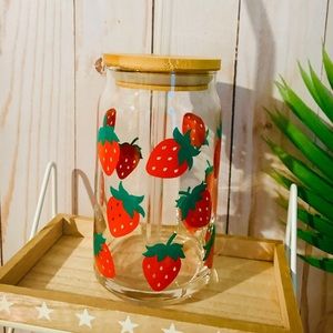 Strawberry Glass Cup with Bamboo Lid